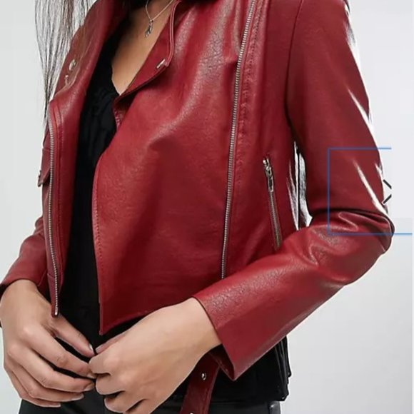 Red Moto Jacket - Belted - Urban - Trendy - Elegant - Asymmetric Zip Front - Picture 3 of 10